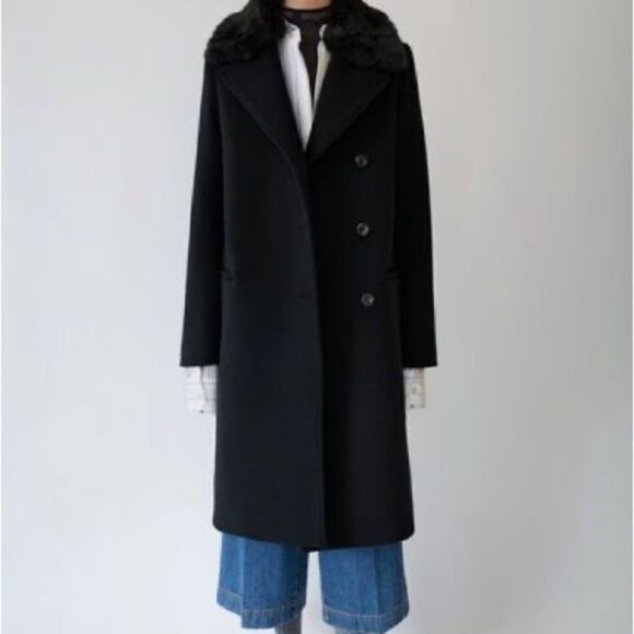 NWT Acne Studios Omana Wool Trech Black Pea Coat Fake Fur Collar Size 6 - Picture 1 of 11